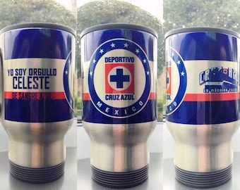 Termo Cruz Azul 16 oz stainless steel travel mug. Coffee mug Maquina Celeste. White and Silver colors.
