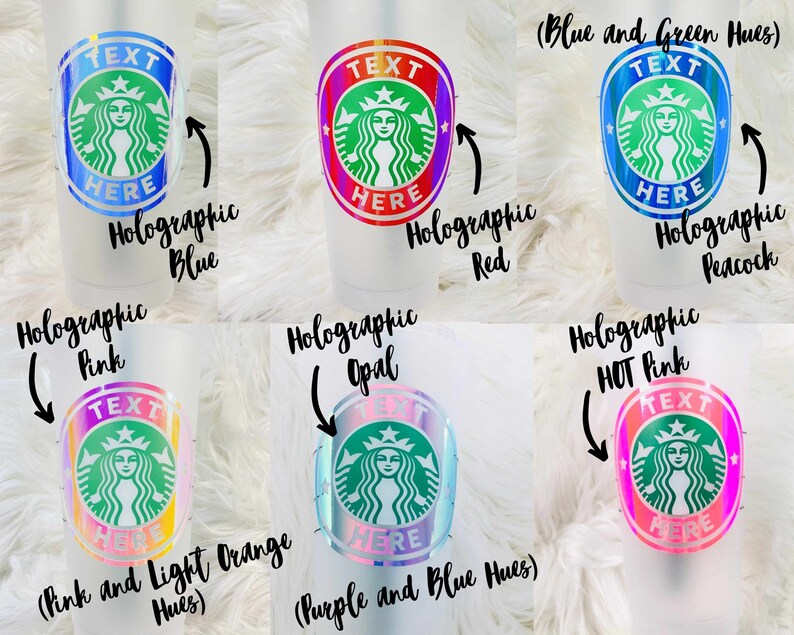 Peut inclure: Plusieurs gobelets en plastique transparents avec des motifs holographiques du logo Starbucks. Les motifs pr&eacute;sentent diverses combinaisons de couleurs, notamment le bleu, le rouge, le rose, l'opale et le rose vif, avec les mots "TEXT" et "HERE".
