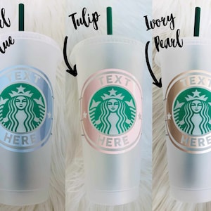 May include: Three clear plastic tumblers with green straws. Each tumbler features a different colored logo: Pearl Blue, Tulip, and Ivory Pearl. The logos include the text "TEXT HERE" and a green mermaid design.