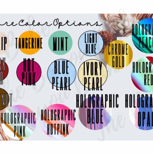 Peut inclure: Image pr&eacute;sentant diverses options de couleurs. Chaque couleur est affich&eacute;e dans un cercle, avec le nom de la couleur &eacute;crit en gras et en sans-serif. Les couleurs incluent Tulipe, Tangerine, Menthe, Bleu clair, Or chrom&eacute; et Paon holographique.