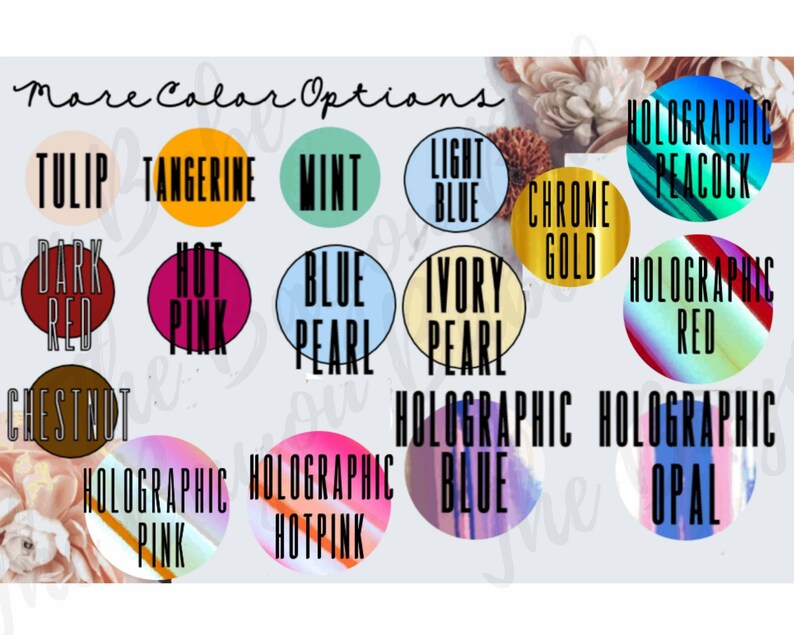 Peut inclure: Image pr&eacute;sentant diverses options de couleurs. Chaque couleur est affich&eacute;e dans un cercle, avec le nom de la couleur &eacute;crit en gras et en sans-serif. Les couleurs incluent Tulipe, Tangerine, Menthe, Bleu clair, Or chrom&eacute; et Paon holographique.