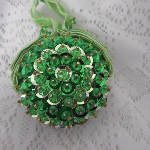 Beaded Lime Green Christmas Ornament disc beads sequins vintage