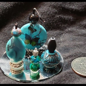 Miniature Perfume Bottles on Mirrored Tray - Shades of Turquoise/Black/Butterfly