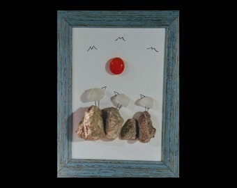 May include: Framed artwork featuring a red circle, three white birds perched on gray rocks, and black lines resembling birds flying in the sky.