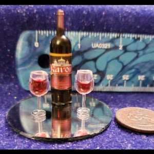 Miniature Wine Bottle and Glasses on Tray for Fashion Dolls or Mini Doll Houses