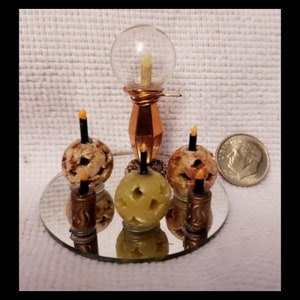 Miniature Lamp and Candles on Mirrored Tray