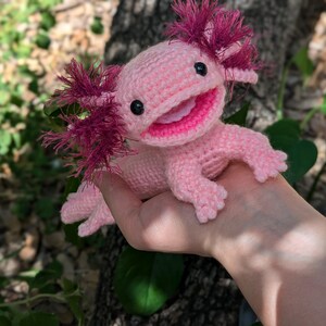 Może przedstawiać: R&oacute;żowa pluszowa zabawka axolotl wykonana na szydełku z czerwonymi, pierzastymi skrzelami. Zabawka ma szeroki uśmiech i czarne oczy.