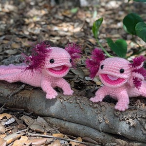Może przedstawiać: Dwa pluszowe aksolotle w kolorze r&oacute;żowym, wykonane na szydełku, z czerwonymi i r&oacute;żowymi falbankami na głowach. Axolotl siedzą na brązowym kłodzie drewna, na tle liści i ziemi.