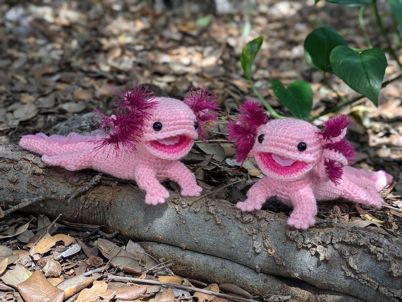 Może przedstawiać: Dwa pluszowe aksolotle w kolorze r&oacute;żowym, wykonane na szydełku, z czerwonymi i r&oacute;żowymi falbankami na głowach. Axolotl siedzą na brązowym kłodzie drewna, na tle liści i ziemi.