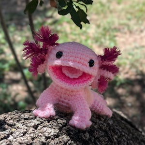 Może przedstawiać: R&oacute;żowa pluszowa zabawka axolotl wykonana na szydełku z czerwonymi skrzelami, czarnymi oczami i szerokim, zębatym uśmiechem. Zabawka siedzi na pniu drzewa.