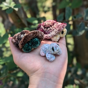 Peut inclure: Trois figurines de tortues en crochet. L'une est marron et verte, l'autre est rose et blanche, et la dernière est violette et crème.