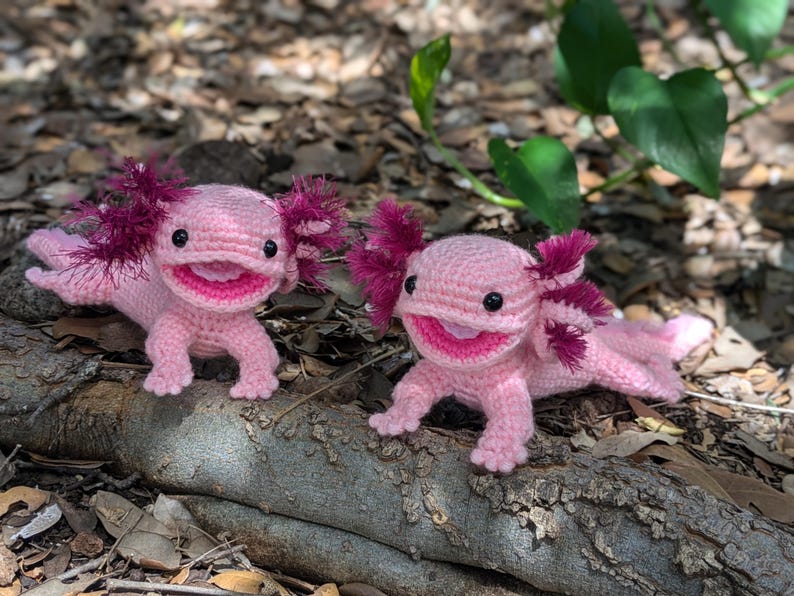Może przedstawiać: Dwa r&oacute;żowe pluszowe aksolotlki wykonane na szydełku z r&oacute;żowymi i fioletowymi falbankami na głowach. Axolotki uśmiechają się i mają czarne oczy.