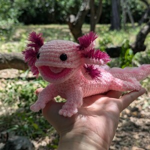 Może przedstawiać: R&oacute;żowa pluszowa zabawka axolotl wykonana na szydełku z r&oacute;żowymi i fioletowymi akcentami. Zabawka ma uśmiechniętą twarz i jest trzymana w dłoni osoby.