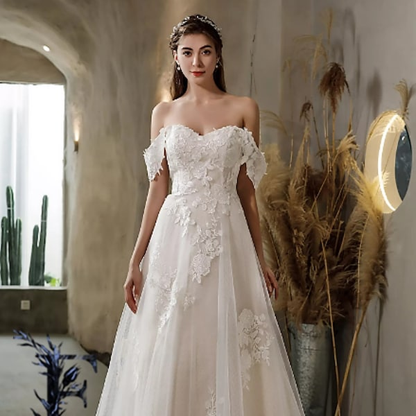 Floral Applique Bohemian Wedding Dress, Bohemian Wedding Gown, Off the Shoulder, Beach Wedding Dress , Boho Chic, A-line Wedding Dress