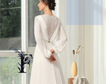 Modest Long Sleeve Wedding Dress, Wedding Gown, Flowing Crepe Georgette V-neck, Lace, Minimalist, Bohemian, Chiffon, Lace Back, Simple