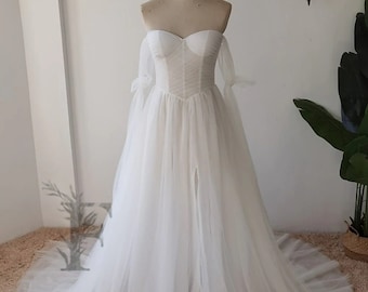 Beachy Bohemian Wedding Dress, Flowing Tulle, Shoulder Bows Wedding Dress, Tulle, Pleated, Wedding Gown, Shoulder Bows, Front Split