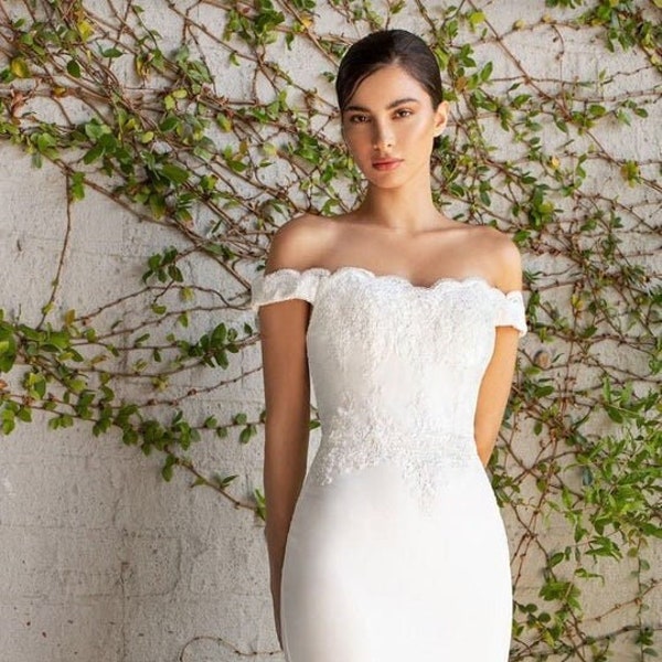 FAST SHIP  High Quality Crepe Jersey Off The Shoulder, Lace Bodice Wedding Dress,  Sheath Wedding Dress, Beach Wedding Dress, Fitted