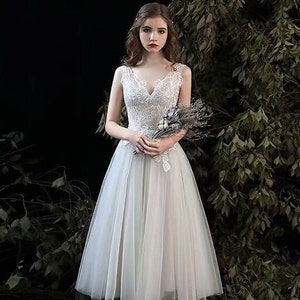 Tea Length, Tulle Skirt, Sequin Lace, Floral Lace, Informal Wedding Dress, Ballerina, Courthouse, Short Wedding Dress, Illusion, Sweetheart