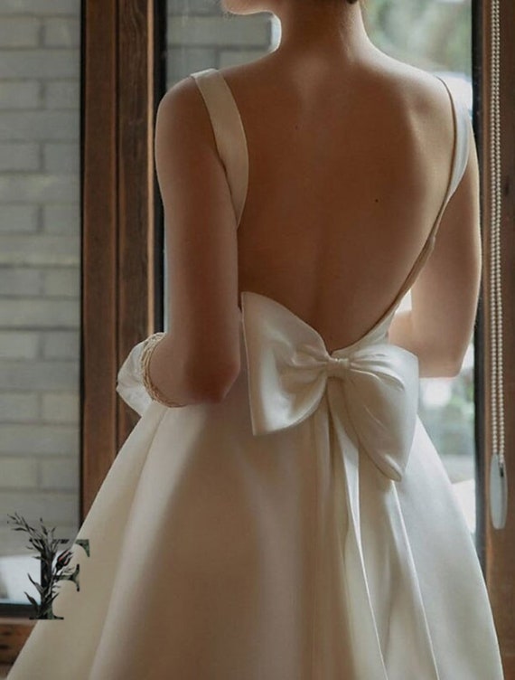 Duchess Satin Backless Bow Tea Length Wedding Dress, Square Neck