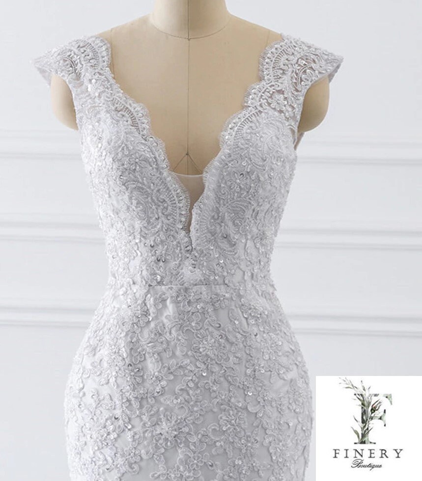 Lace Cap Sleeve Low Back Wedding Dress Beaded Lace Wedding Etsy