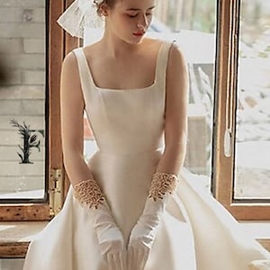 Duchess Satin Backless Bow Tea Length Wedding Dress, Square Neck, Courthouse, Simple Short, Midi Length Wedding Dress, Minimalist image 4