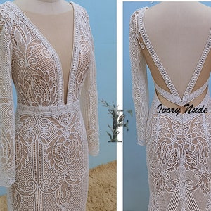 Lace Sheath Wedding Dress, Allover Lace Wedding Gown, Fitted Wedding Dress, Beach, Bohemian Wedding Dress, Long Sleeve Low Back