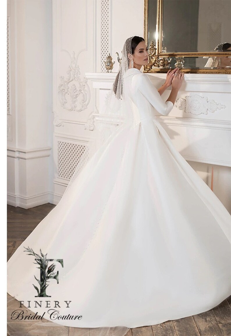 3/4 Sleeve Duchesse Satin Ballgown Wedding Dress Wedding Etsy