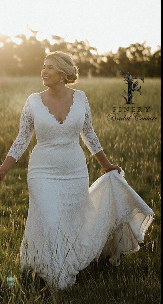 Three Quarter Sleeve Allover Lace, Plus Size Wedding Dress, Curvy Fit  Wedding Dress, Sheath, Fit and Flare Wedding Dress, 