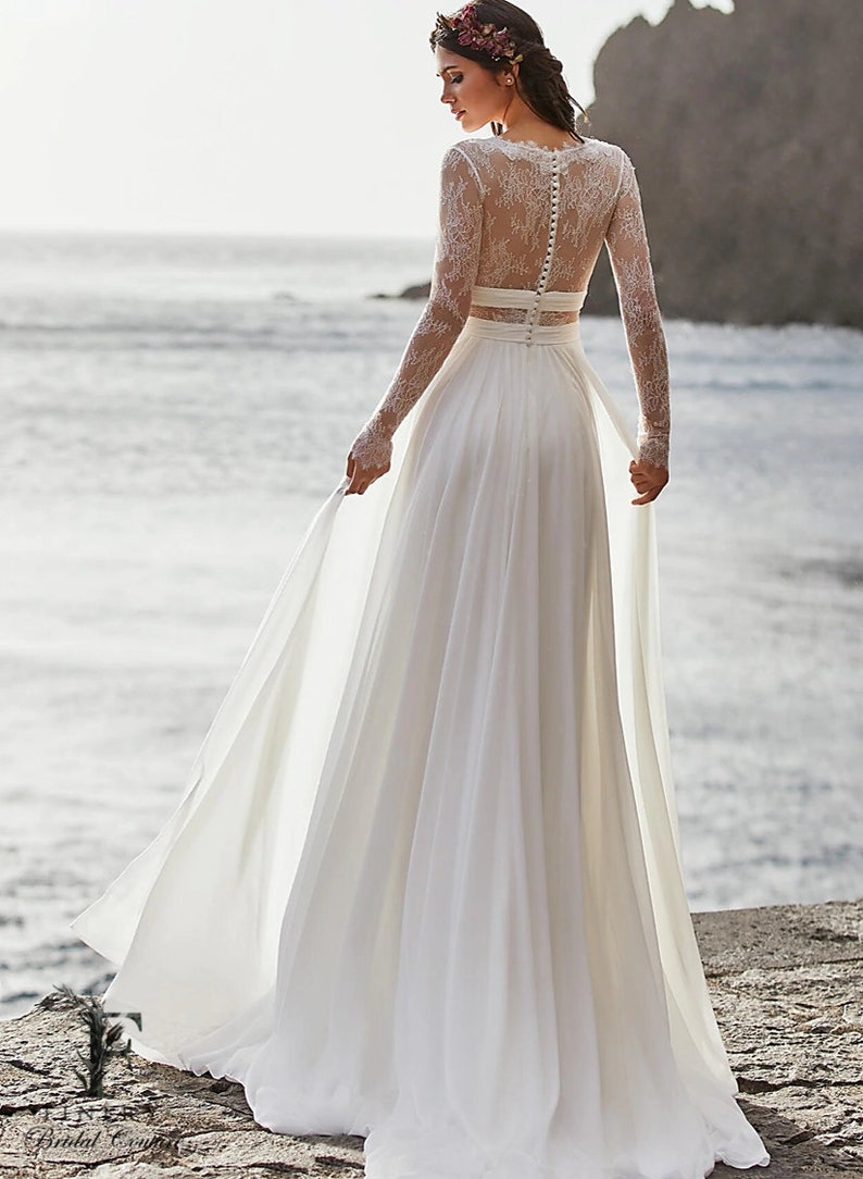 Lace Long Sleeve Bodice Wedding Dress Beach Wedding Gown - Etsy