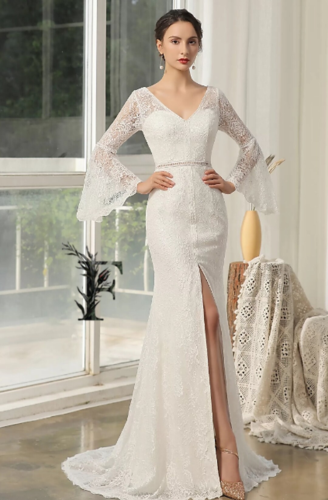 Ripple Patterned Boho Sheath Wedding Dress