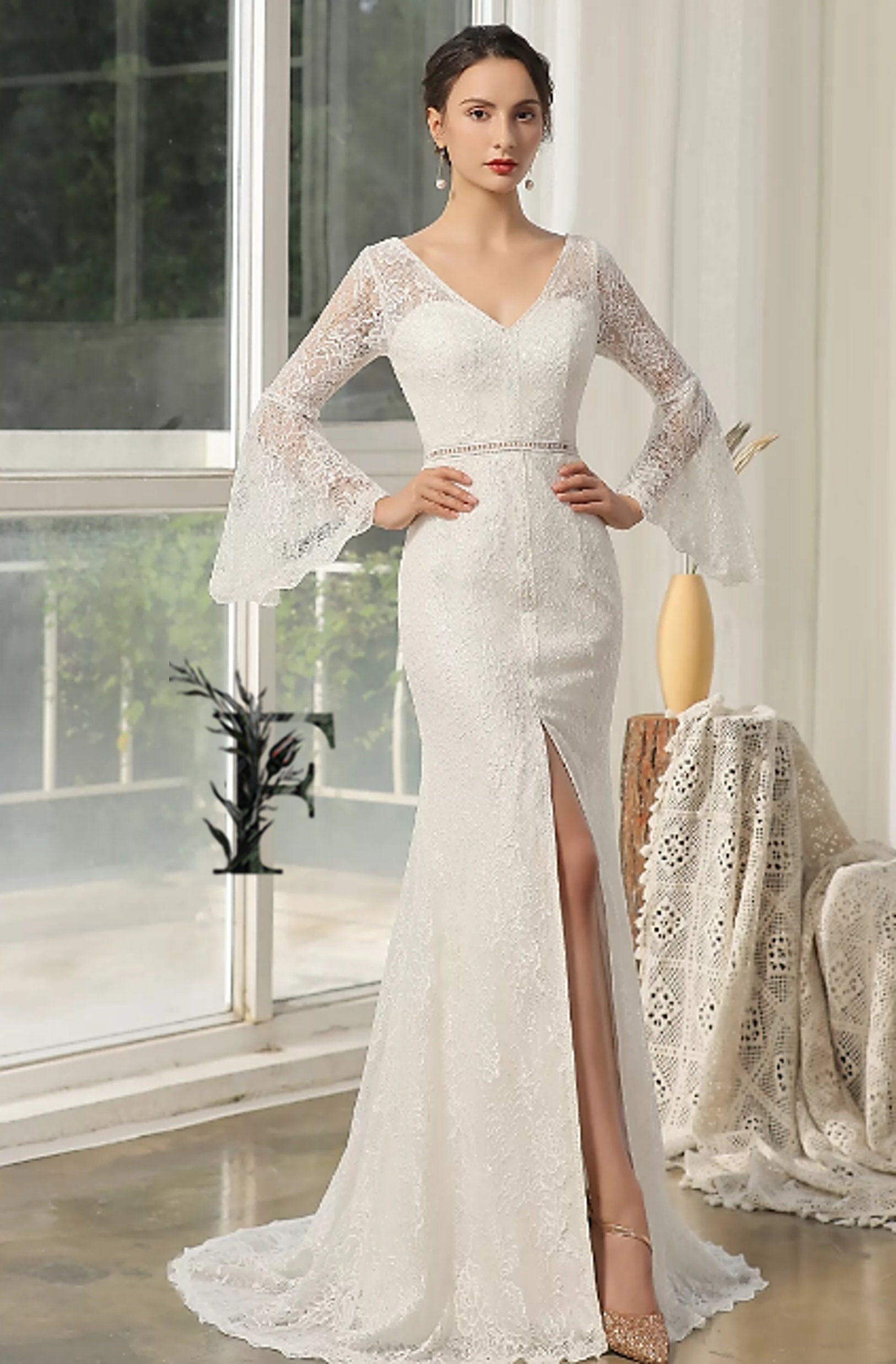 Sheath Boho Wedding Dresses Bell Sleeve w0001 – vigocouture