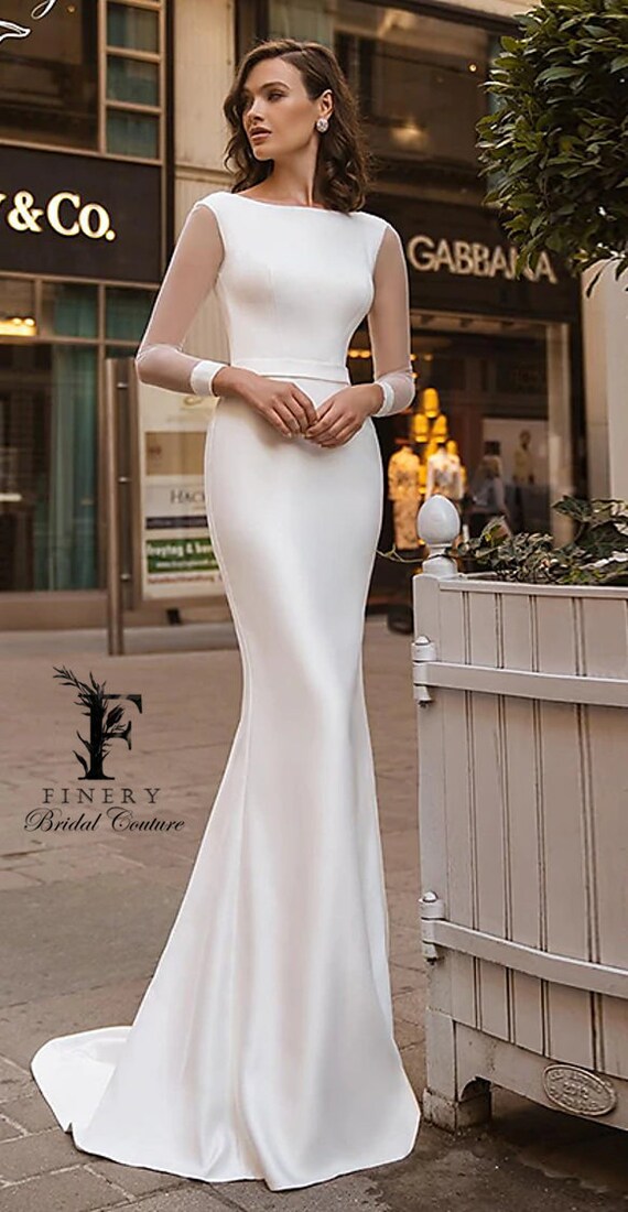 Long Sleeve Sheath Wedding Gown Wedding Dress Illusion | Etsy