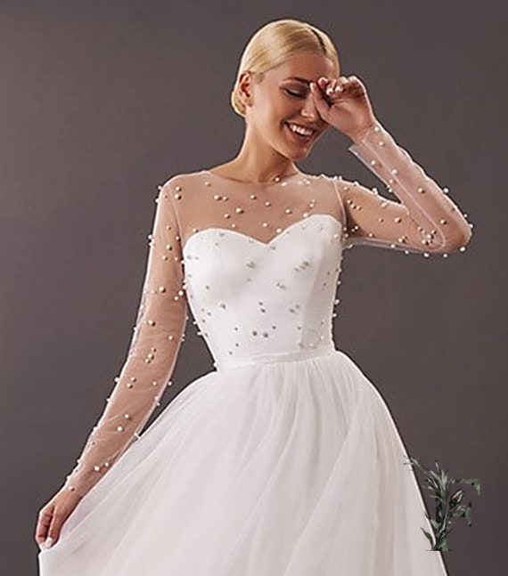 Midi, Ankle Length, Ballerina Length, Ankle Length, Wedding Dress, Pearl,  Illusion Bodice, Corset Back Wedding Dress, Sweetheart Bodice 