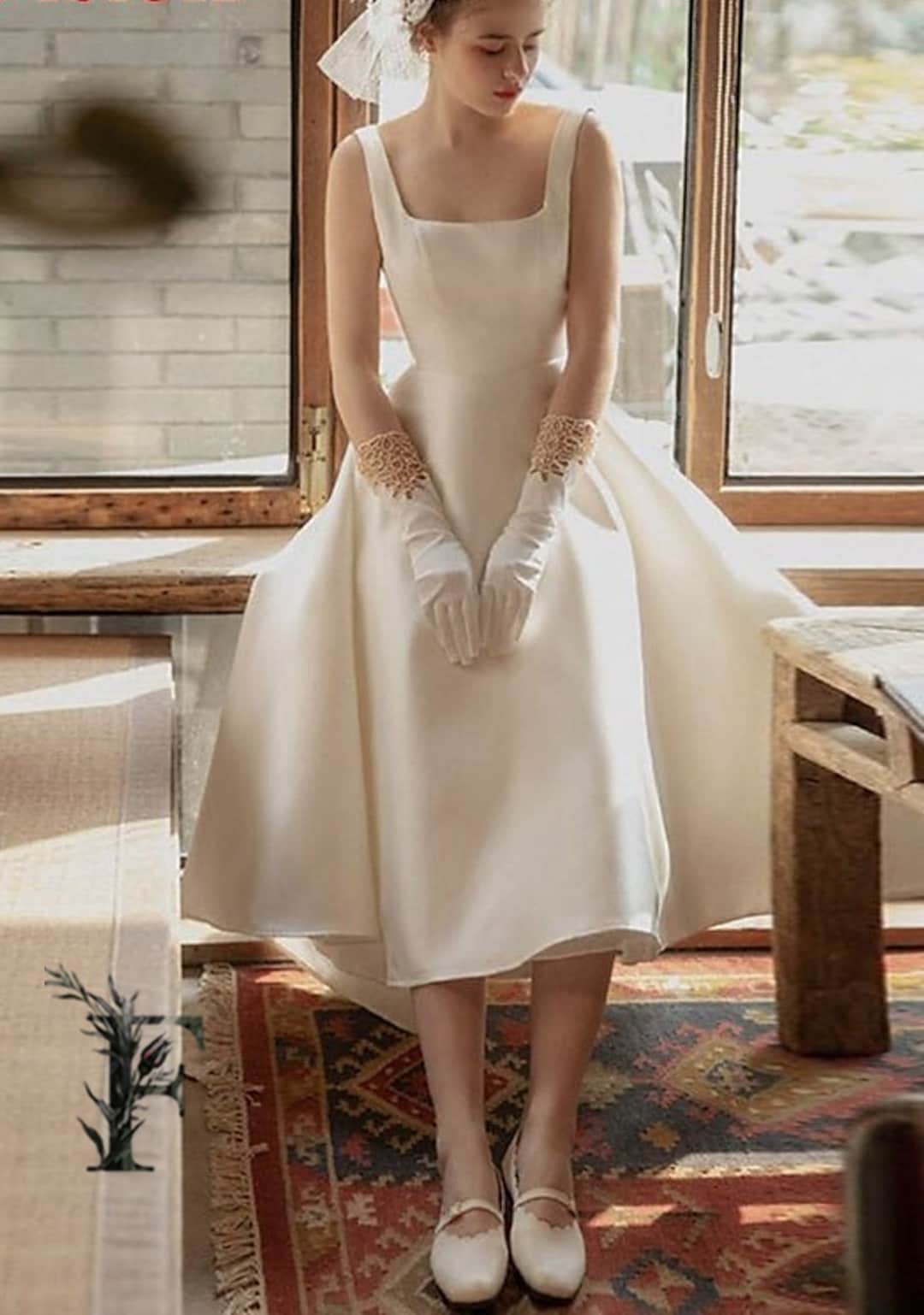 Satin Tea Length White Short Square Neck Wedding Dress Satin Tea Length White Short Square Neck Wedding Dress