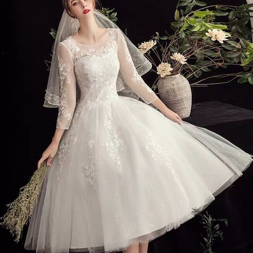 3/4 Sleeves Organza Tea Length Wedding 