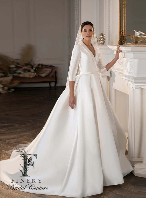 3/4 Sleeve Duchesse Satin Ballgown ...