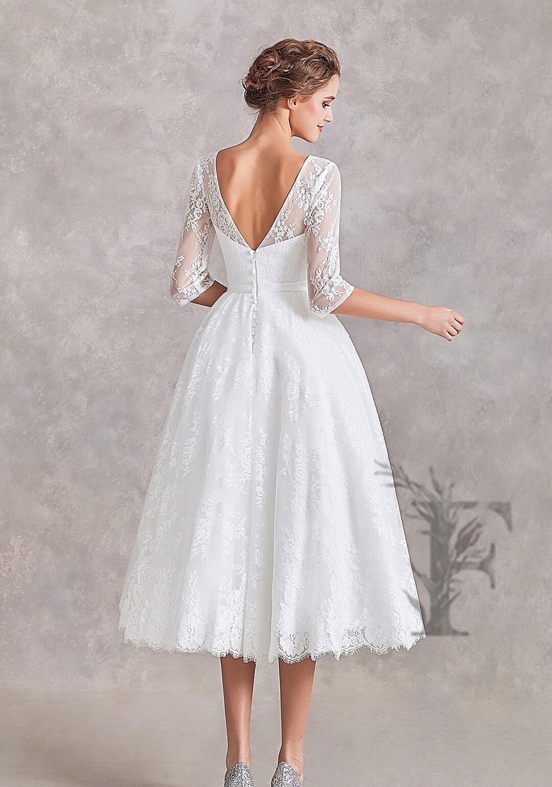 Tea Length, 3/4 Sleeve Lace, Wedding Dress, Wedding Gown, Vintage Style ...