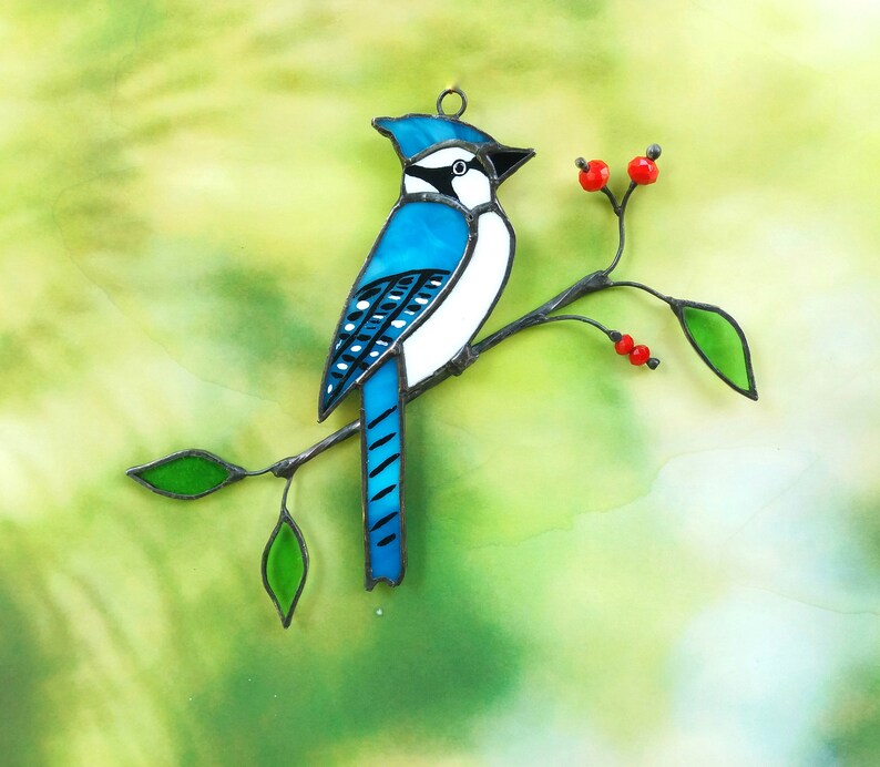 Stain glass blue jay bird suncatcher Modern stained glass | Etsy