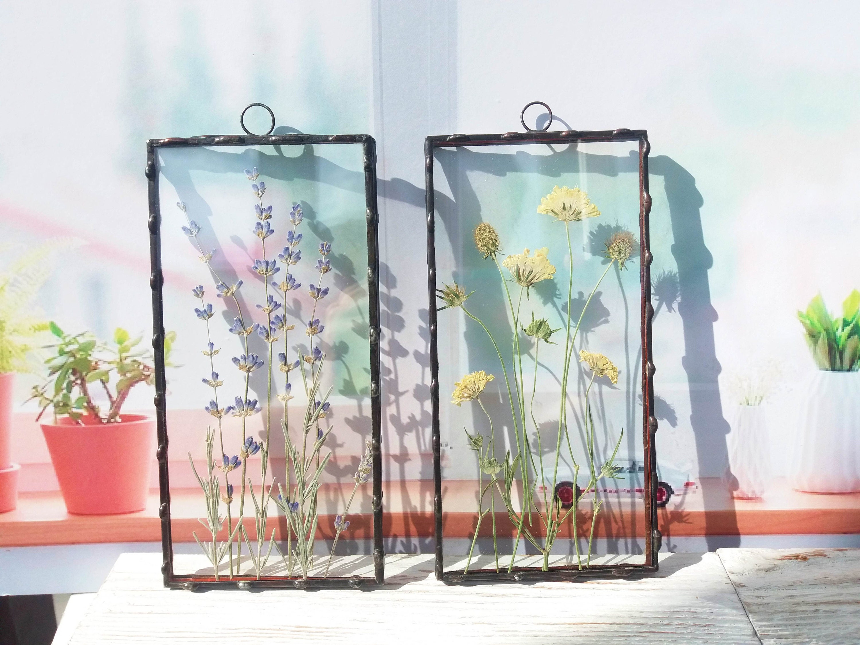 Pressed flower frame 2 piece wall art Stained glass panel Etsy