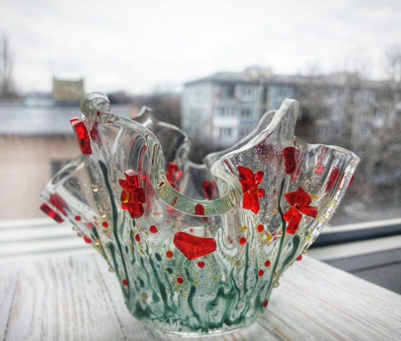 Fused Glass Art Home Decor Tealight Holder Red Glass Heart Etsy