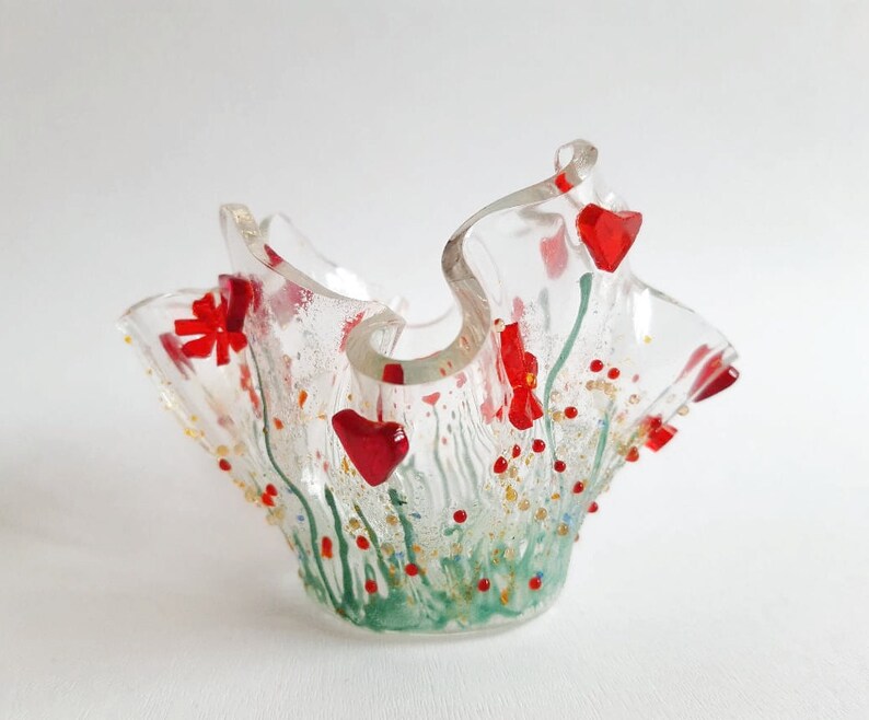 Fused Glass Art Home Decor Tealight Holder Red Glass Heart Etsy