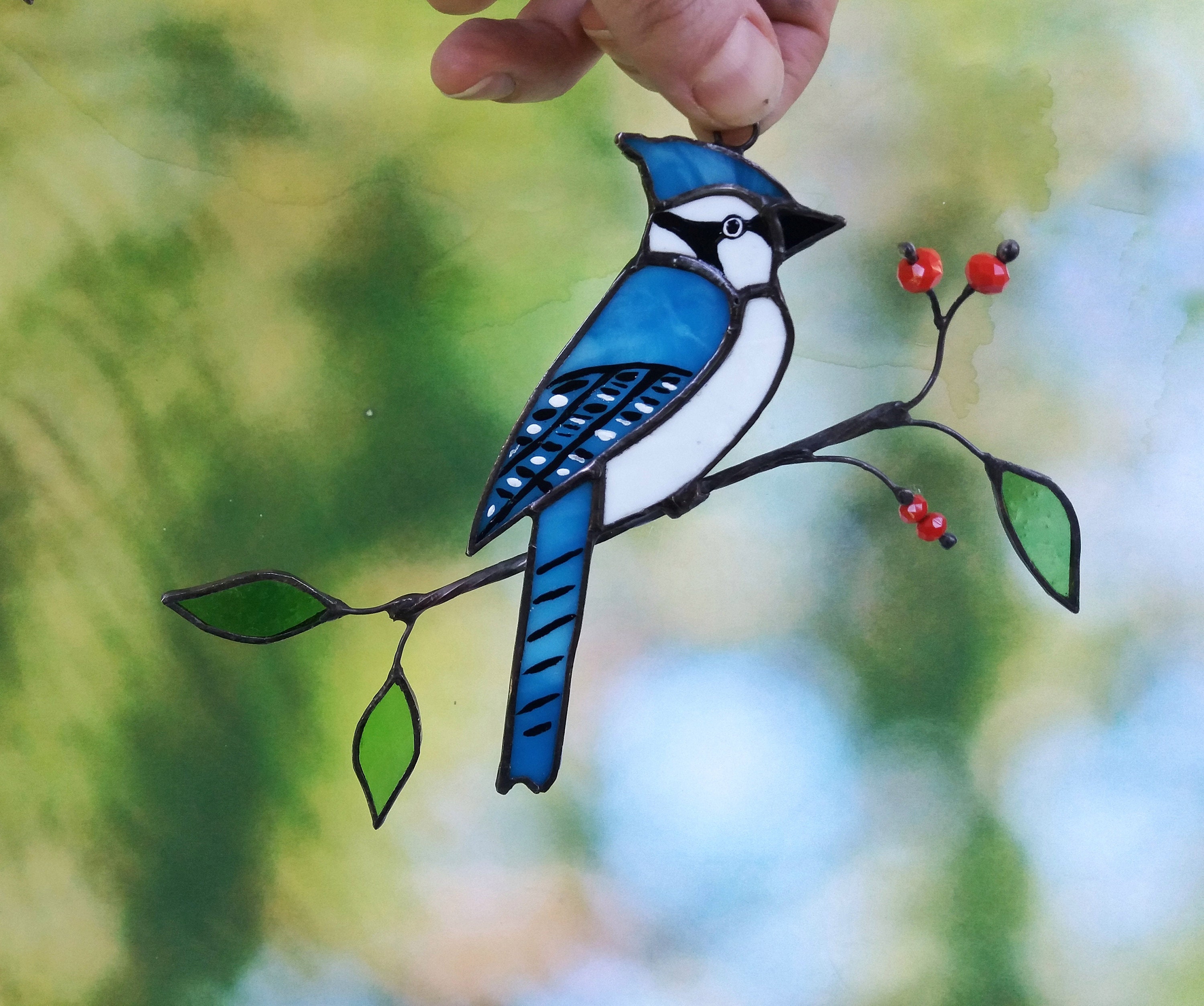 Stain glass blue jay bird suncatcher Modern stained glass Etsy