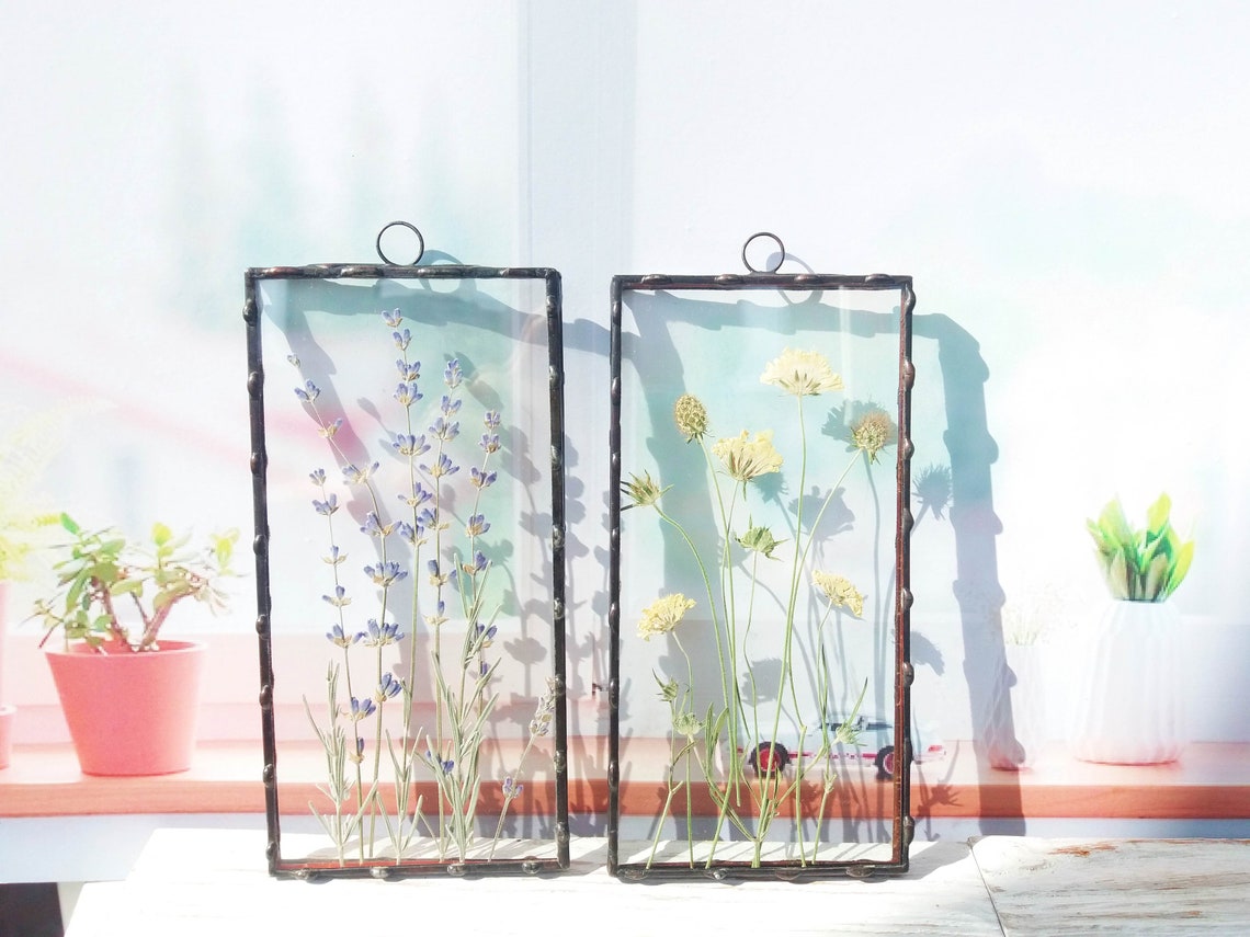 Pressed flower frame 2 piece wall art Stained glass panel Etsy