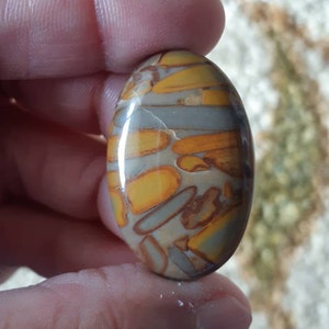 May include: A polished oval-shaped stone with a unique pattern of yellow, brown, and grey colours. The stone has a smooth, glossy finish.
