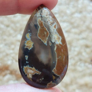 May include: A teardrop-shaped gemstone with a polished surface. The stone features a mix of brown, tan, and cream colors with areas of blue and yellow. The gemstone is held between two fingers.