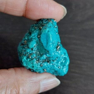 May include: A turquoise blue gemstone with a rough, irregular shape. The stone is covered in small, dark specks, possibly pyrite.