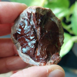 Op de afbeelding: Een close-up van een rode agaatgeode met een natuurlijke scheur die een donkerrood interieur onthult. De geode wordt in een hand gehouden.