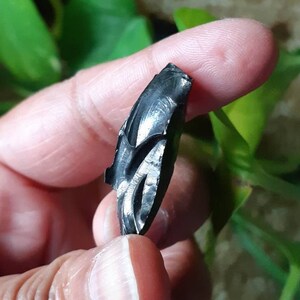 K&ouml;nnte beinhalten: Ein dunkelgrauer, metallischer, tropfenf&ouml;rmiger Stein mit einer strukturierten Oberfl&auml;che.