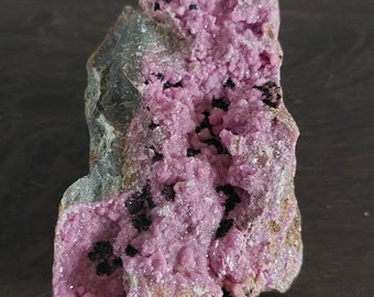 May include: A pink and black mineral specimen with a rough, textured surface. The mineral is embedded in a gray rock.