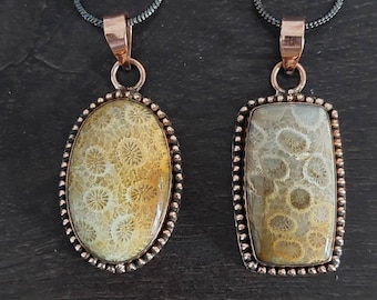 Fossilt korallkopparhänge med oxiderad silverkedja